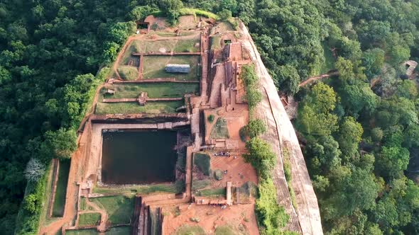 Aerial over lion rock, Sigariya rock fortress. Dambulla, Sri Lanka