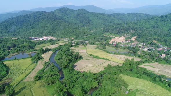 Landscape around the city of Vang Vieng in Laos seen from the sky