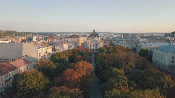 Aerial City Lviv, Ukraine. European City. Popular Areas of the City. Lviv Opera