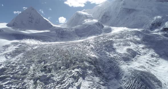 Aerial footage of drone flying over fossil glacier in tibet, China