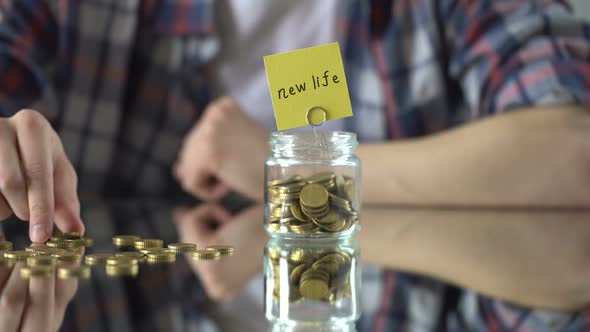 New Life Phrase Written Above Glass Jar With Money, Crucial Moment Concept