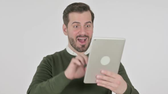 Portrait of Man Celebrating on Tablet in Office White Screen