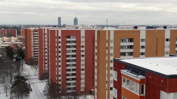 Winter Aerial Flyover High Rise Apartment Buildings Stockholm, Sweden
