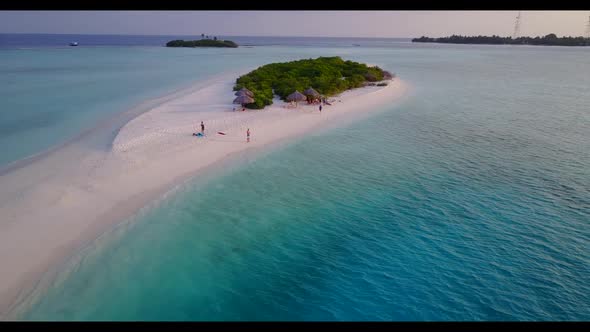 Aerial drone sky of paradise tourist beach journey by transparent ocean with white sandy background 