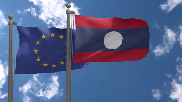 European Union Flag Vs Laos Flag On Flagpole