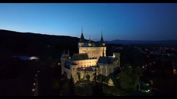 Aerial night view of Bojnice castle in Slovakia