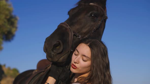 Closeup Head of Graceful Horse with Slim Beautiful Equestrian Talking Hugging Mammal