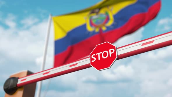 Barrier Gate Being Opened with Flag of Ecuador As a Background