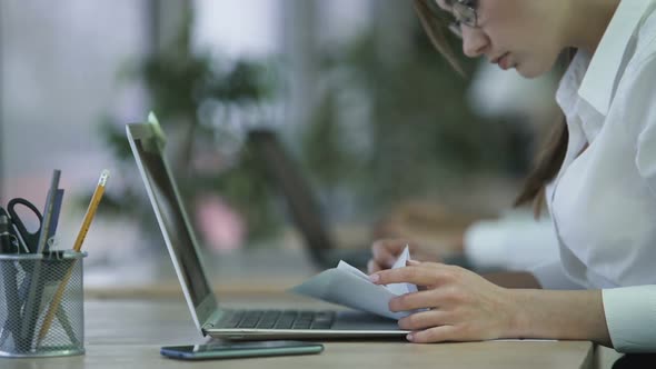 Busy Woman Checking Important Documents Analyzing Charts, Processing Data