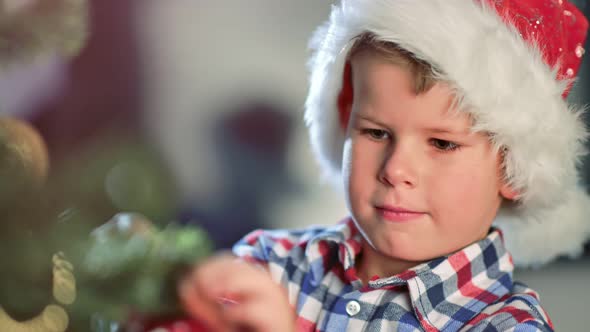 Portrait of Focused Little Boy Decorate Christmas Tree Holding Ornaments Ball Medium Closeup