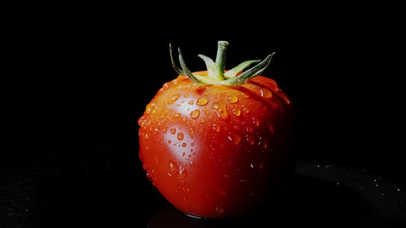 Red Fresh Tomato in Rotation on Black Background