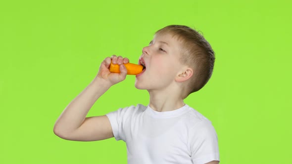 Baby Bites a Carrot and Shows a Thumbs Up. Green Screen alt