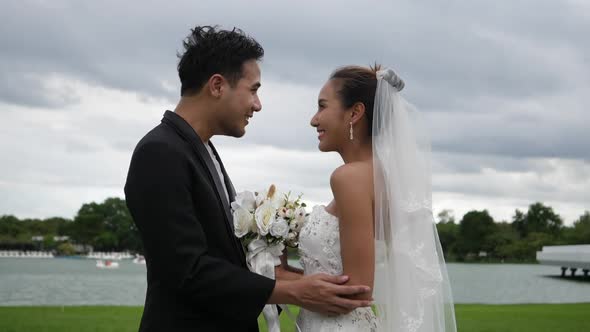 Slow motion Of Wedding Bride Happy Fun walking and running in the park