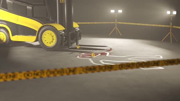 Warehouse forklift operator accident. Crime scene. Violation of working rules.