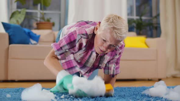 Senior Woman Cleaning Carpet with Detergent and Brush in Living Room