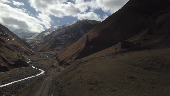 Aerial view of Lebaiskari tower in Khevsureti, Georgia 