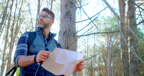 Male Hiker Looking at Map in The Forest 