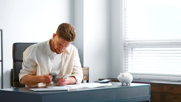 Serious bearded man accountant counts dollar banknotes checking with paper reports