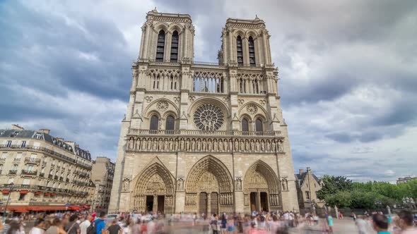 Front View of NotreDame De Paris Timelapse Hyperlapse a Medieval Catholic Cathedral on the Cite