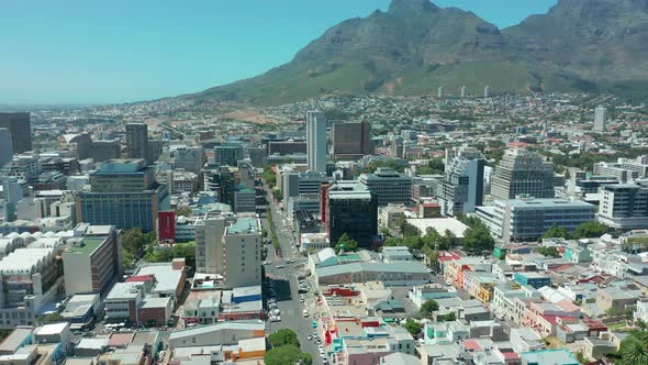 Scenic Aerial Wide Drone Shot Above Central Cape Town South Africa with Scenic View of Harbor