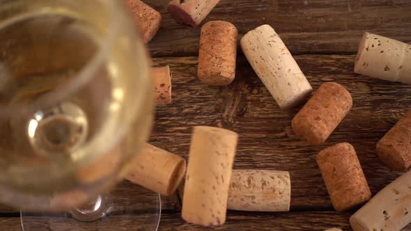 Wine corks fall on an old wooden board against the backdrop of a glass of wine. Slow motion.