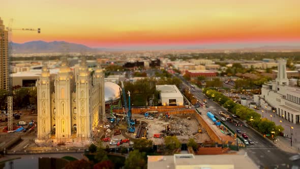 Downtown Salt Lake City during renovations at Temple Square using the tilt shift effect - time lapse