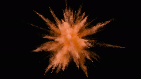 Colorful powder/particles fly after being exploded against black background. Slow Motion. alt