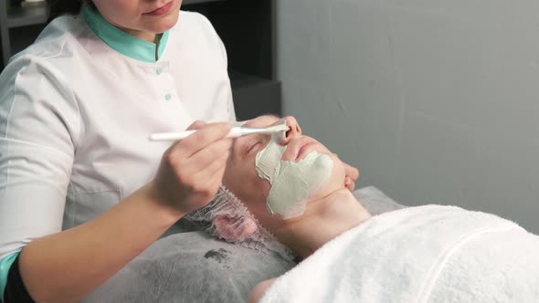 The Cosmetologist Applies Green Natural Clay to the Face with a Brush