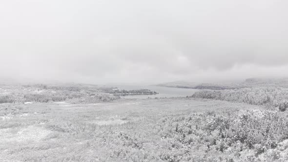 Aerial view of the wetlands in winter, snowy and cloudy. Forest, lake and mountains in the backgroun