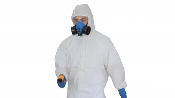 Doctor in Protective Suit Checking Your Temperature on White Background