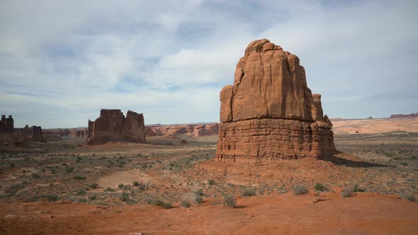 La Sal Mountain viewpoint overlooking Courthouse Towers and Park Avenue at Arches National Park, sta