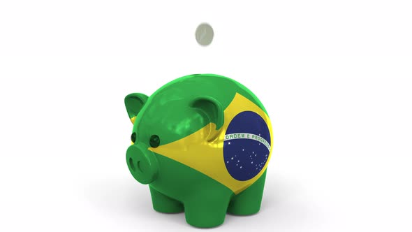 Coins Fall Into Piggy Bank Painted with Flag of Brazil