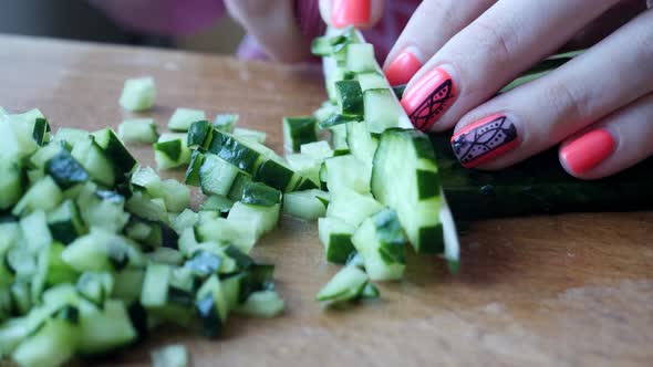 Female Cutting Green Ripe Cucumber Preparing Vegetable Salad