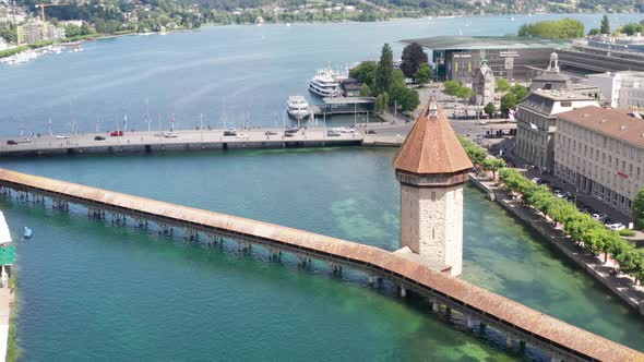 Aerial overview of monumental bridge over Canal in Luzern, Switzerland
