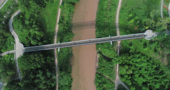 Aerial view of the Buffalo Bayou in Houston, Texas on a sunny day. This video was filmed in 4k for b