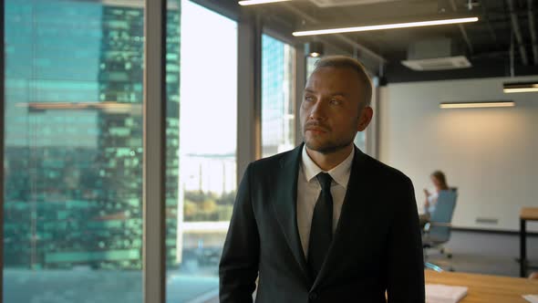 Portrait Young Serious Businessman Near Business Office