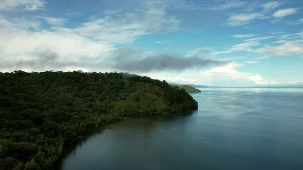 Aerial view of Puerto Jimenez Costa Rica, blue water and green landscape