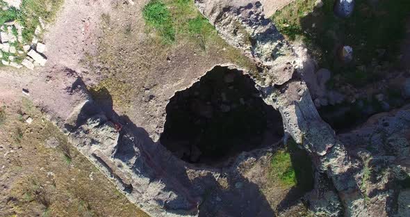 Aerial top view historical, antique ruins. Historical-archeological museum-reserve, Armenia.