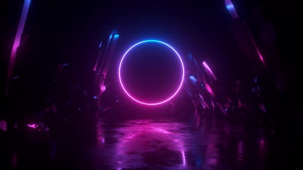 Neon Glowing Ring And Reflected Crystals Background