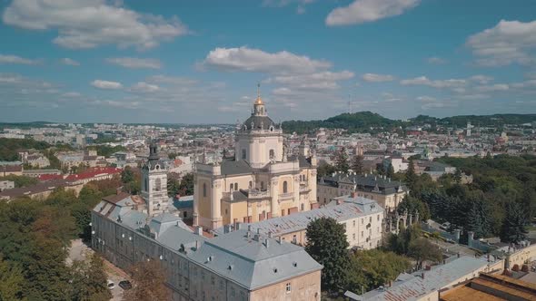 Aerial View of St. Jura St. George's Cathedral Church in Town Lviv, Ukraine