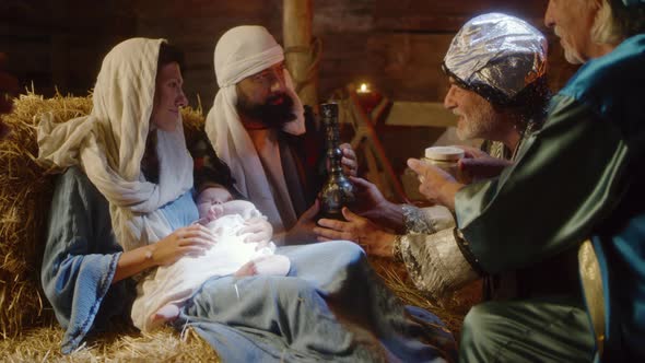 Wise Men Giving Presents for Jesus Christ to Joseph and Mary