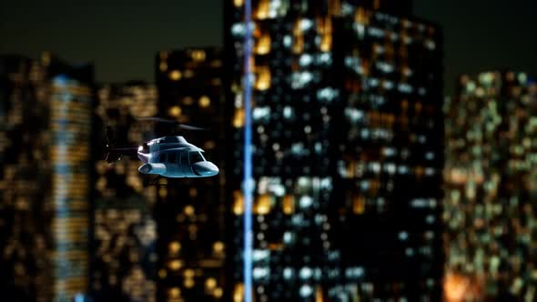 Slow Motion Helicopter Near Skyscrapers at Night