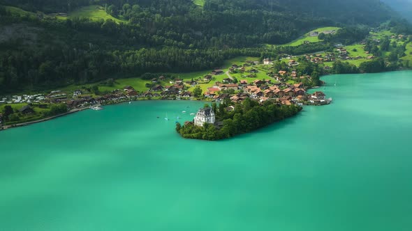 Iseltwald Castle on Brienzersee, Switzerland, Aerial circle panorama