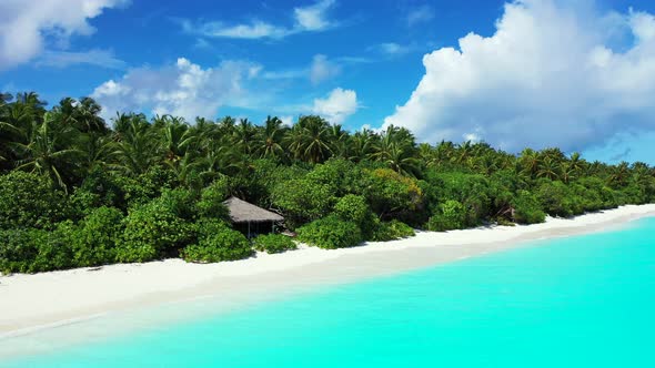 Beautiful birds eye travel shot of a sunshine white sandy paradise beach and turquoise sea background