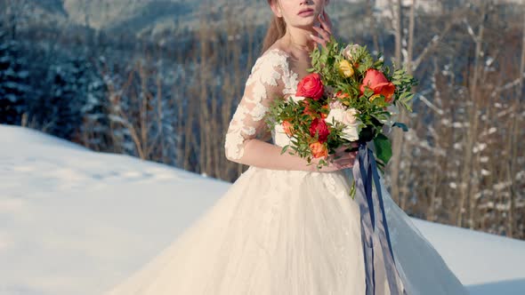 Bride on the Background of Snowcapped Mountains