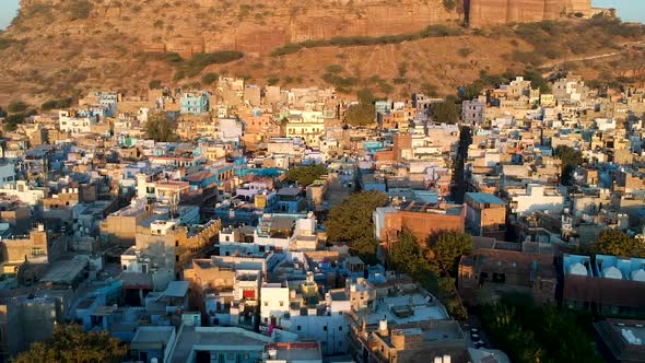 Sunrise fly over of densely populated, Blue city of Jodhpur, Rajasthan, India