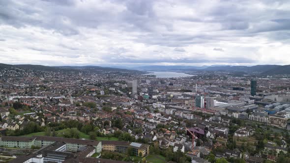 Aerial timelapse of Zurich skyline on a cloudy moody day, Switzerland