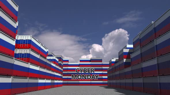 Containers with CYBER MONDAY Text and Flags of Russia