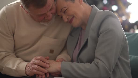 Beautiful Grayhaired Couple Hugging While Sitting on the Couch