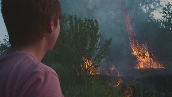 A Man or a Guy is Looking at the Wild Fire